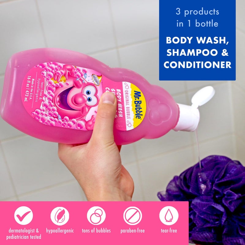 Mr. Bubble Kids Original 3in1 Shampoo, Conditioner, Body Wash â€“ Hypoallergenic, Tear Free Bubble Gum Scented, Creates Big Bubbles In The Tub And Shower (Pack Of 2 Bottles, 16 fl oz Each) - Image 2